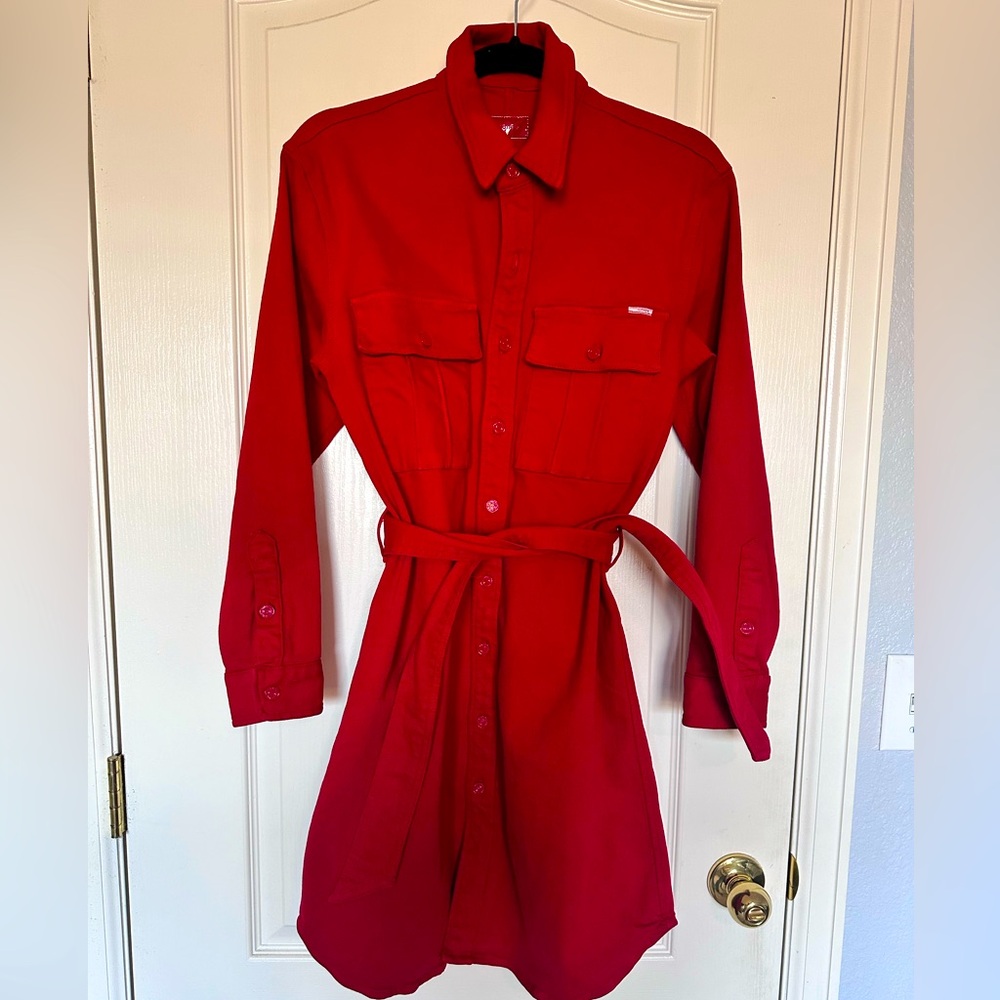 Red MOTHER button front denim dress, Size Small.